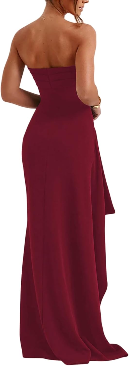 Women's Sexy Strapless Backless High Split Long Maxi Dress Ruched Off Shoulder Sleeveless Bodycon Party Cocktail Dresses