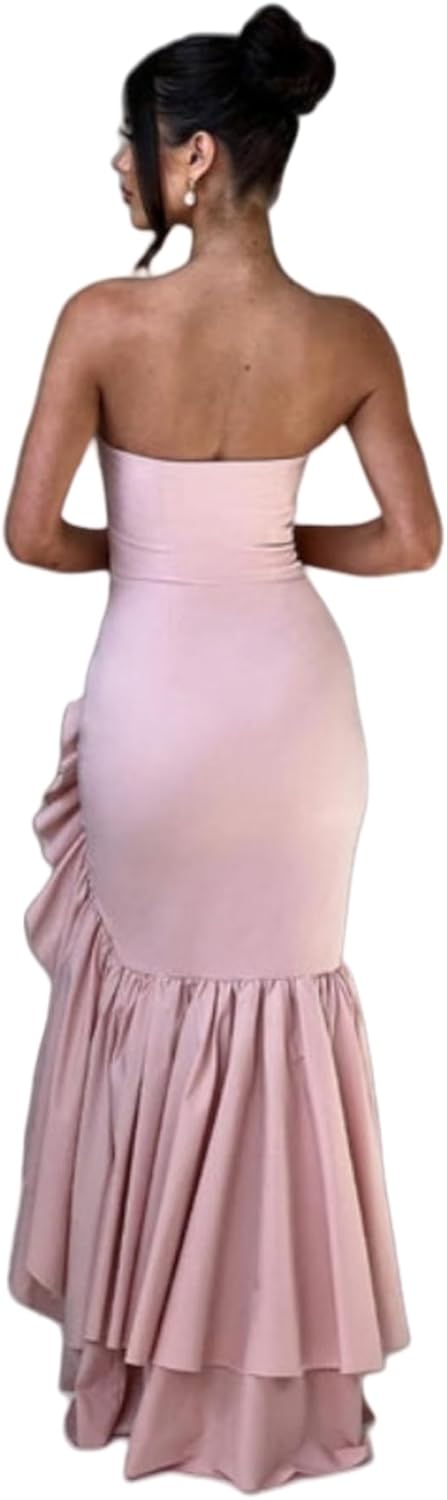 Women's Sexy Strapless Backless High Split Long Maxi Dress Ruched Off Shoulder Sleeveless Bodycon Party Cocktail Dresses