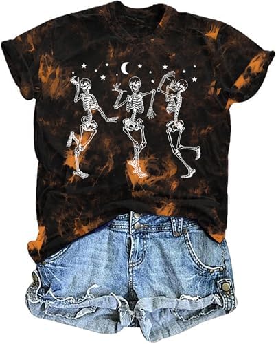 Dancing Skeleton Shirt for Women Happy Halloween T-Shirt Funny Skeleton Graphic Tees Tops Blouse Gift