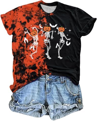 Dancing Skeleton Shirt for Women Happy Halloween T-Shirt Funny Skeleton Graphic Tees Tops Blouse Gift