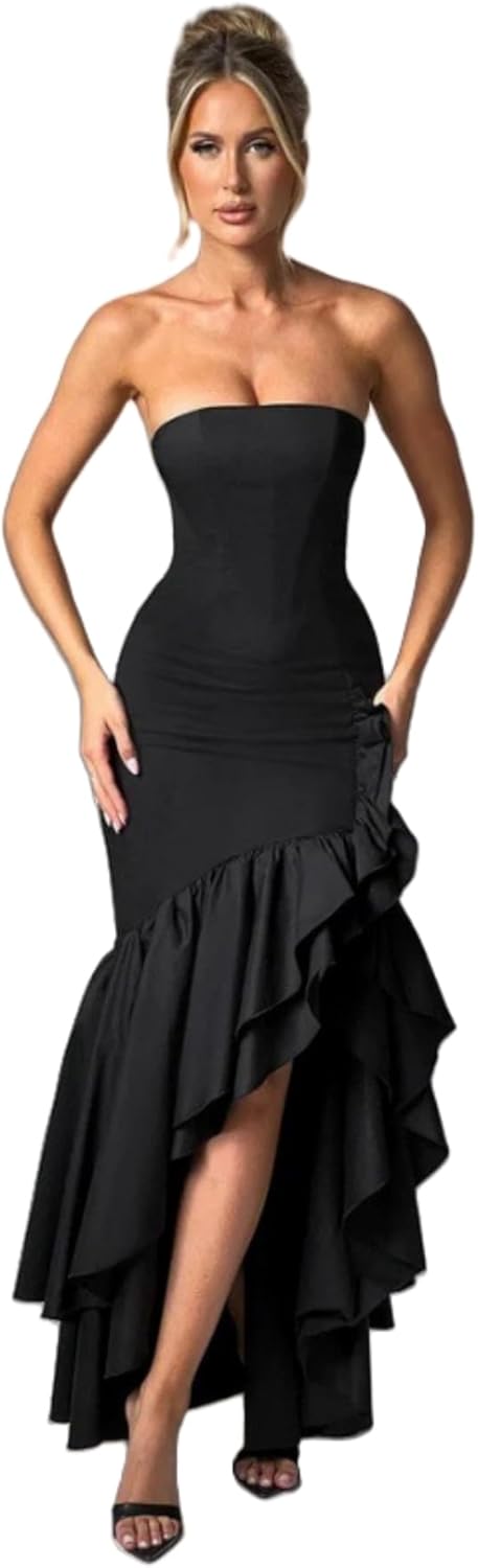 Women's Sexy Strapless Backless High Split Long Maxi Dress Ruched Off Shoulder Sleeveless Bodycon Party Cocktail Dresses
