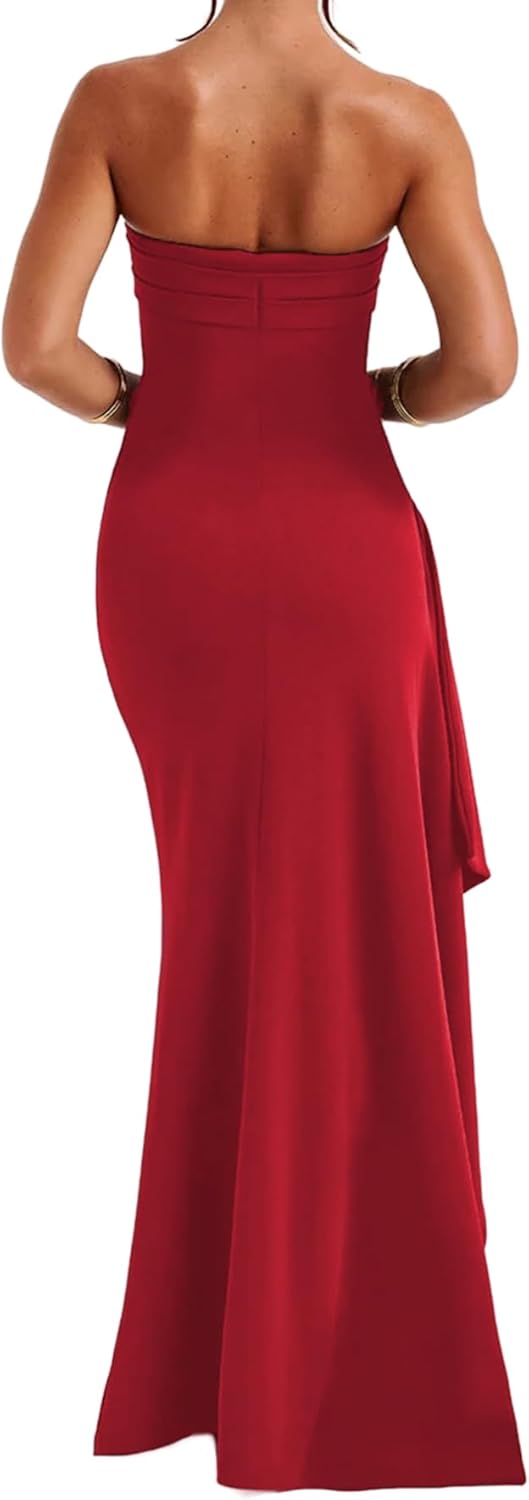 Women's Sexy Strapless Backless High Split Long Maxi Dress Ruched Off Shoulder Sleeveless Bodycon Party Cocktail Dresses