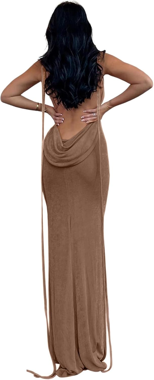 Slip Bodycon Dresses for Women Spaghetti Strap Lace Up Backless Cowl Neck Maxi Mermaid Cocktail Party Dress