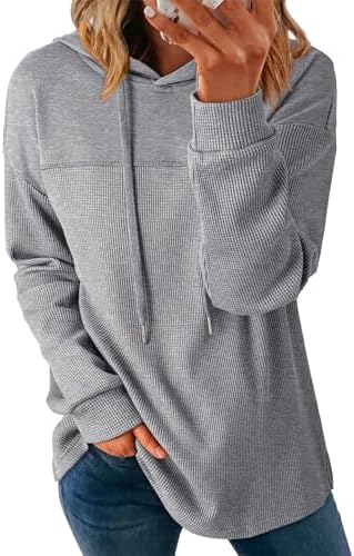 Womens Hoodies Casual Waffle Knit Long Sleeve Drawstring Pullover Sweatshirts Lightweight Hooded Tops