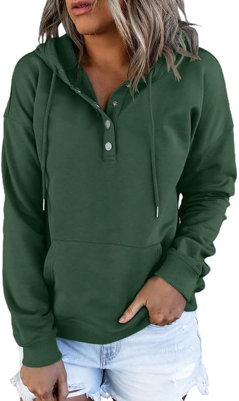 Womens 2025 Hoodies Button Collar Drawstring Hooded Pullover Sweatshirt Casual Long Sleeve Tops Shirts