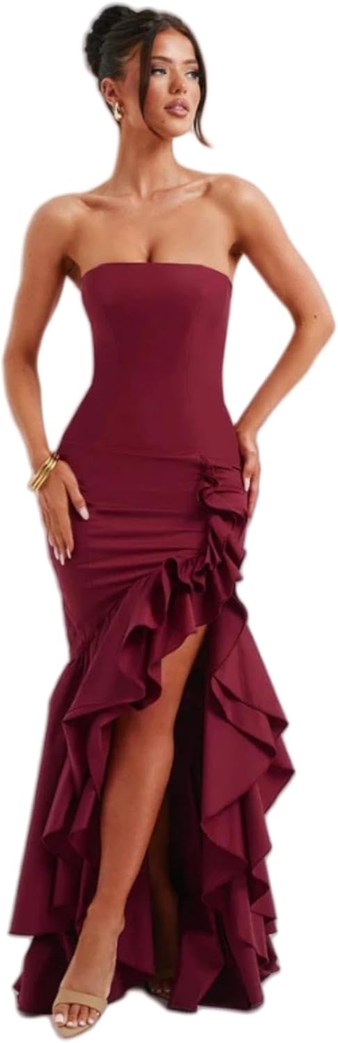 Women's Sexy Strapless Backless High Split Long Maxi Dress Ruched Off Shoulder Sleeveless Bodycon Party Cocktail Dresses