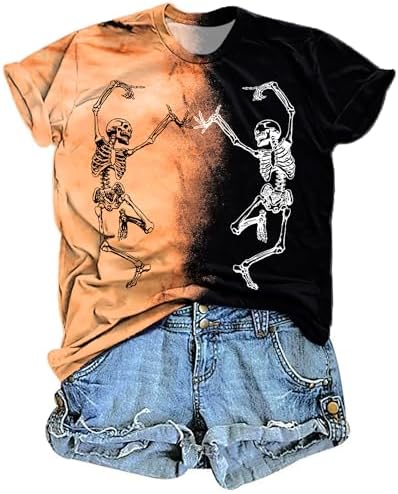 Dancing Skeleton Shirt for Women Happy Halloween T-Shirt Funny Skeleton Graphic Tees Tops Blouse Gift