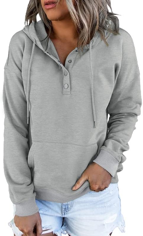 Womens 2025 Hoodies Button Collar Drawstring Hooded Pullover Sweatshirt Casual Long Sleeve Tops Shirts