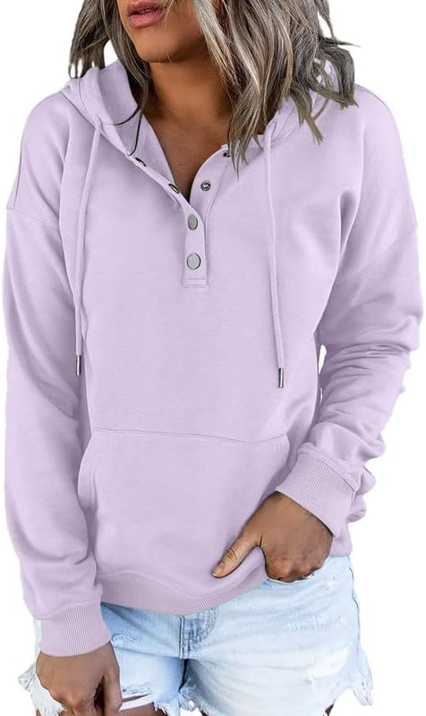 Womens 2025 Hoodies Button Collar Drawstring Hooded Pullover Sweatshirt Casual Long Sleeve Tops Shirts