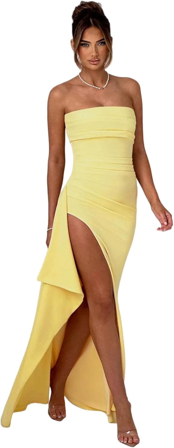Women's Sexy Strapless Backless High Split Long Maxi Dress Ruched Off Shoulder Sleeveless Bodycon Party Cocktail Dresses