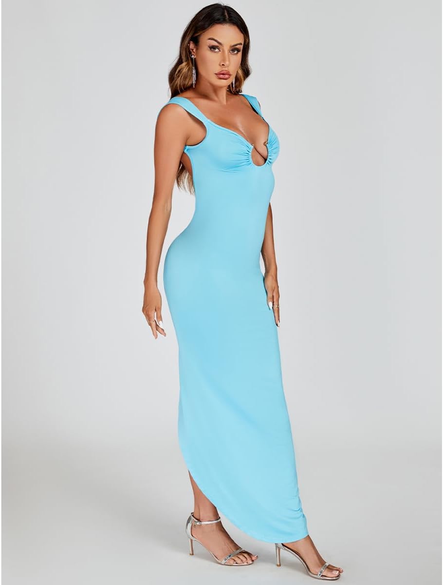 Sexy Backless Dresses for Women Cut Out Bodycon Maxi Dress Open Back Smocked High Slit Party Long Cocktail Dresses