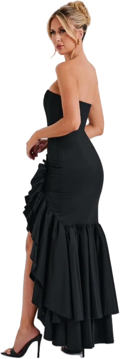 Women's Sexy Strapless Backless High Split Long Maxi Dress Ruched Off Shoulder Sleeveless Bodycon Party Cocktail Dresses