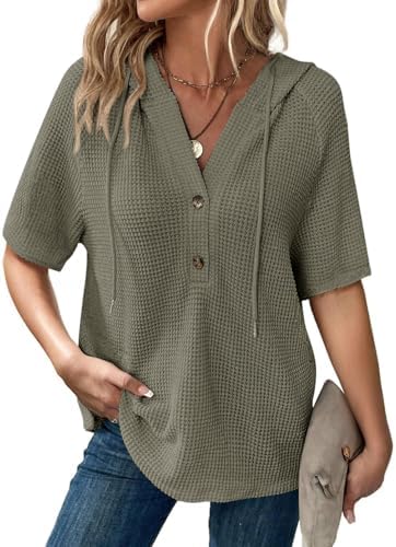 Hoodies for Women Waffle Knit Long Sleeve Drawstring Button V Neck Casual Pullover Sweatshirt Hooded Tops