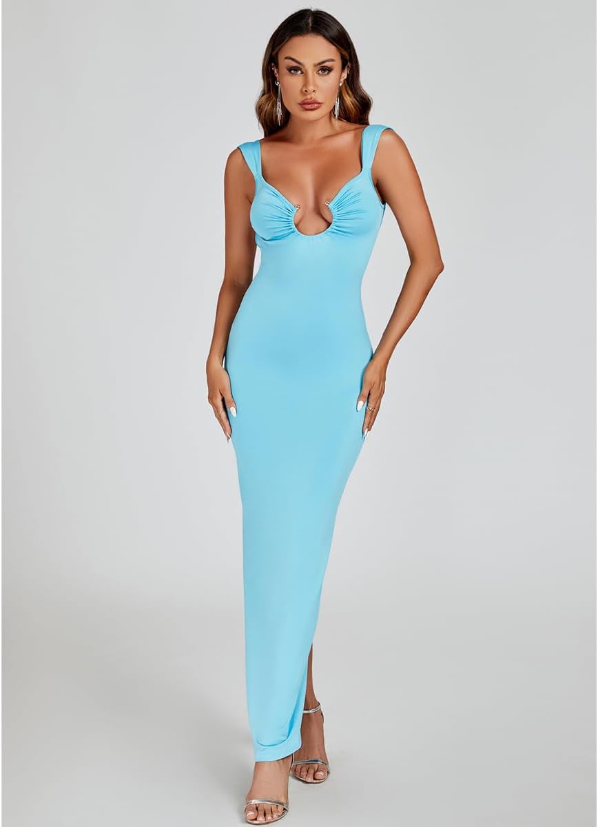 Sexy Backless Dresses for Women Cut Out Bodycon Maxi Dress Open Back Smocked High Slit Party Long Cocktail Dresses