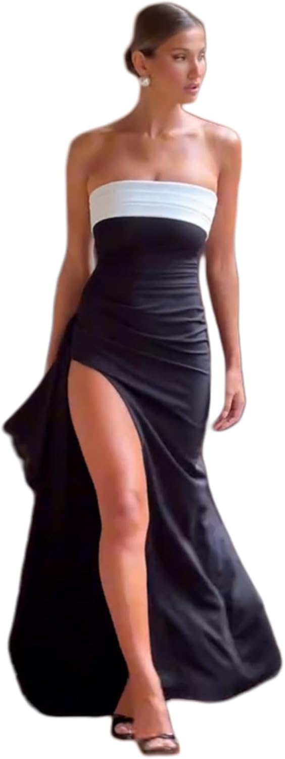 Women's Sexy Strapless Backless High Split Long Maxi Dress Ruched Off Shoulder Sleeveless Bodycon Party Cocktail Dresses