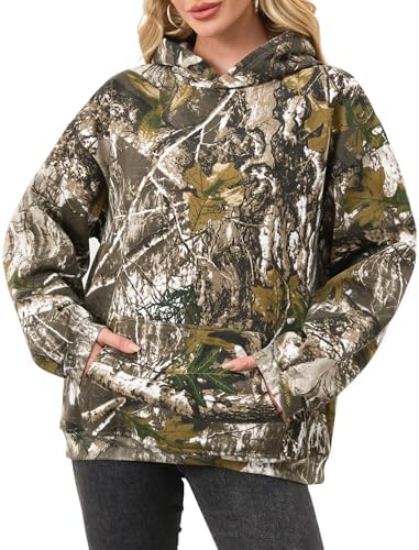 Womens Camo Hoodies Maple Leaf Print Oversized Hooded Sweatshirt Fleece Pullover Sweatshirts Long Sleeve with Pocket