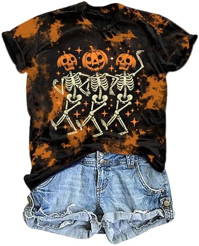 Dancing Skeleton Shirt for Women Happy Halloween T-Shirt Funny Skeleton Graphic Tees Tops Blouse Gift