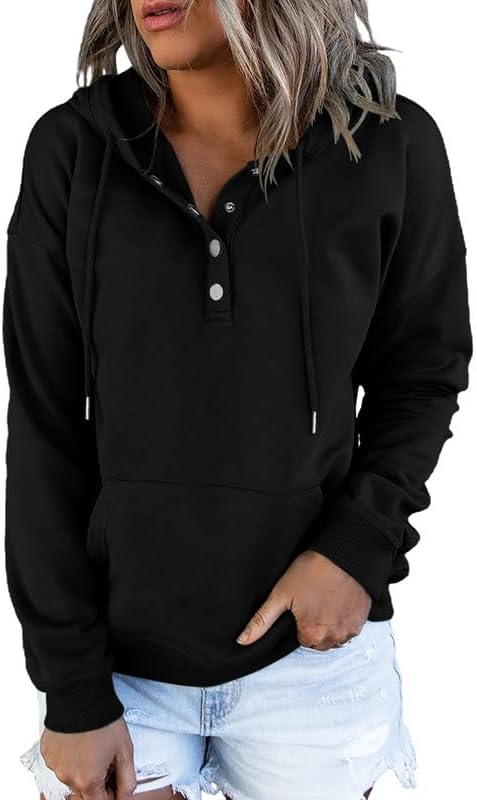 Womens 2025 Hoodies Button Collar Drawstring Hooded Pullover Sweatshirt Casual Long Sleeve Tops Shirts