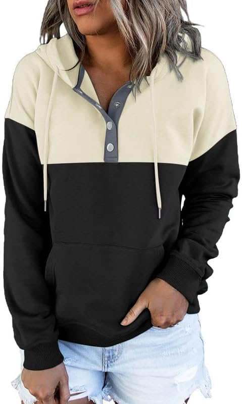 Womens 2025 Hoodies Button Collar Drawstring Hooded Pullover Sweatshirt Casual Long Sleeve Tops Shirts