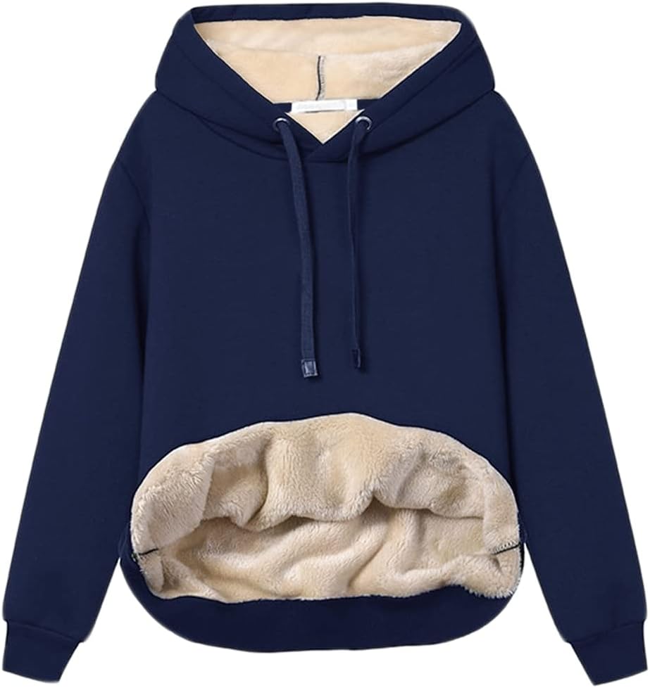 Womens Casual Winter Warm Fleece Sherpa Lined Pullover Hooded Sweatshirt