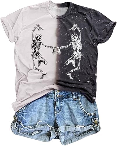 Dancing Skeleton Shirt for Women Happy Halloween T-Shirt Funny Skeleton Graphic Tees Tops Blouse Gift