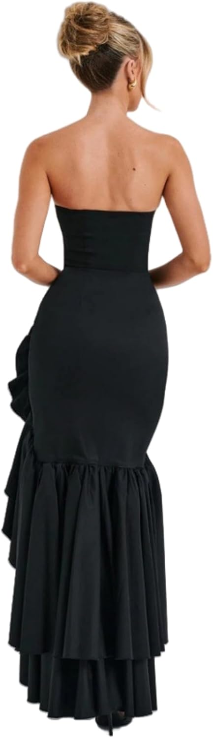 Women's Sexy Strapless Backless High Split Long Maxi Dress Ruched Off Shoulder Sleeveless Bodycon Party Cocktail Dresses