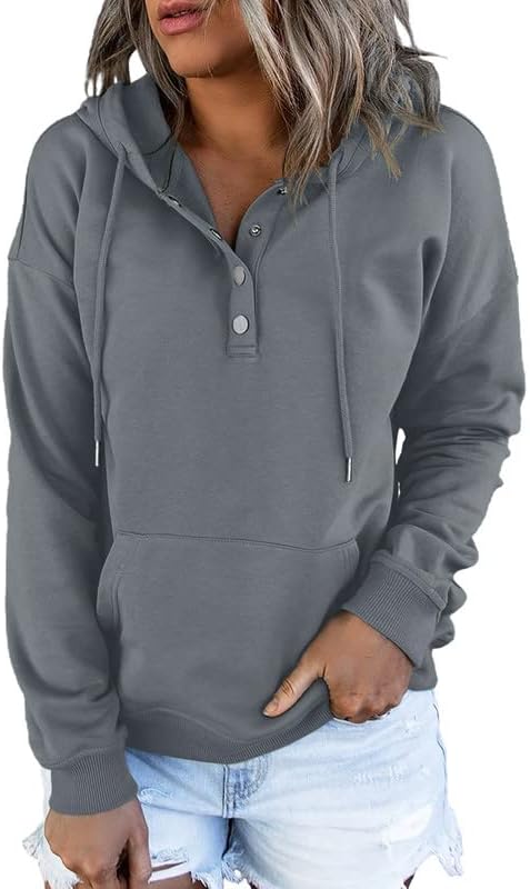 Womens 2025 Hoodies Button Collar Drawstring Hooded Pullover Sweatshirt Casual Long Sleeve Tops Shirts