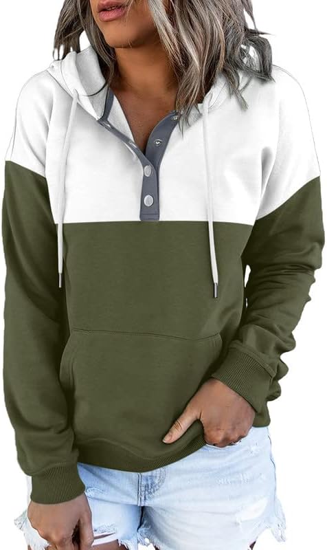 Womens 2025 Hoodies Button Collar Drawstring Hooded Pullover Sweatshirt Casual Long Sleeve Tops Shirts