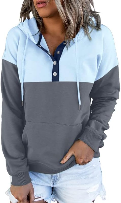 Womens 2025 Hoodies Button Collar Drawstring Hooded Pullover Sweatshirt Casual Long Sleeve Tops Shirts