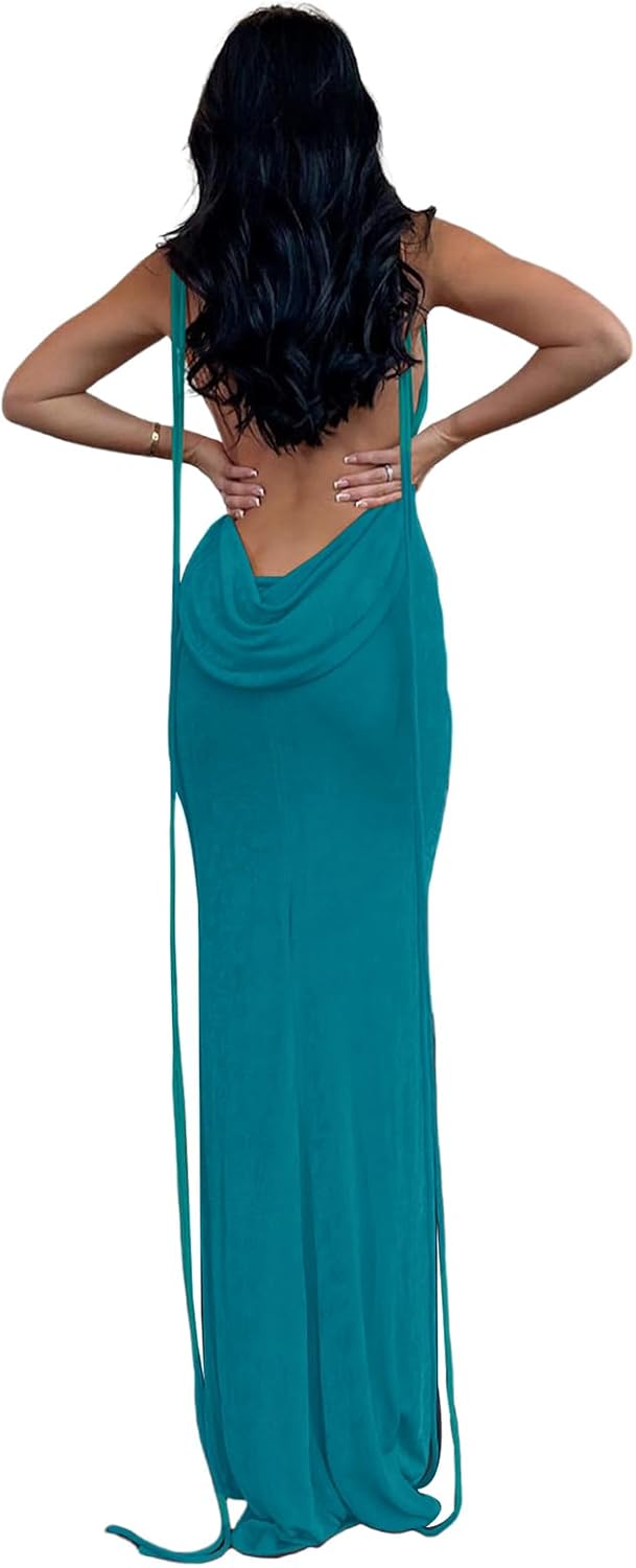 Slip Bodycon Dresses for Women Spaghetti Strap Lace Up Backless Cowl Neck Maxi Mermaid Cocktail Party Dress