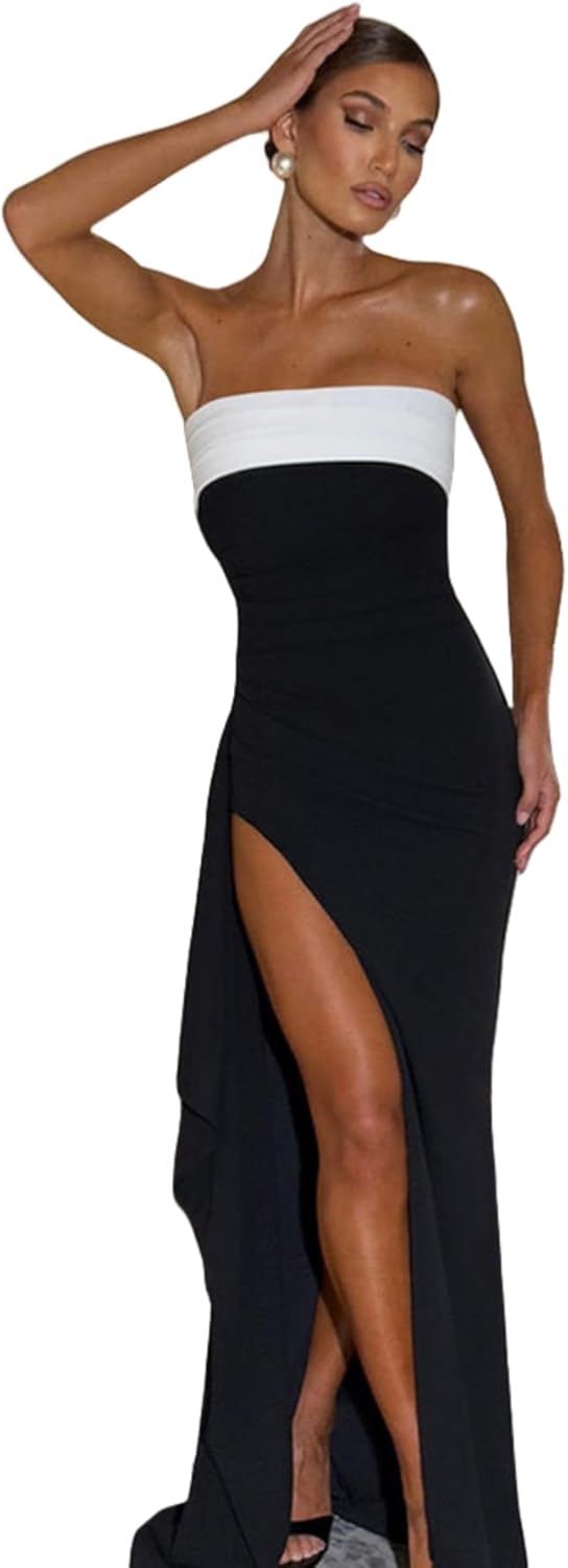 Women's Sexy Strapless Backless High Split Long Maxi Dress Ruched Off Shoulder Sleeveless Bodycon Party Cocktail Dresses