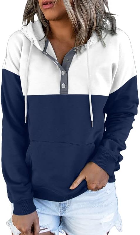 Womens 2025 Hoodies Button Collar Drawstring Hooded Pullover Sweatshirt Casual Long Sleeve Tops Shirts