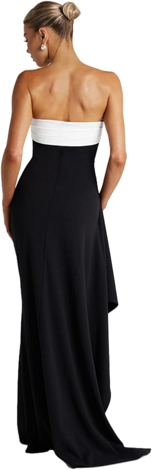 Women's Sexy Strapless Backless High Split Long Maxi Dress Ruched Off Shoulder Sleeveless Bodycon Party Cocktail Dresses