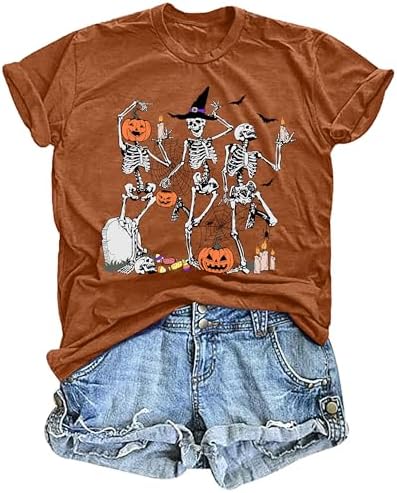 Dancing Skeleton Shirt for Women Happy Halloween T-Shirt Funny Skeleton Graphic Tees Tops Blouse Gift