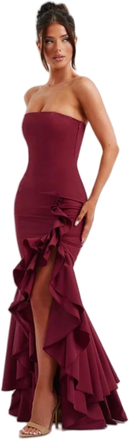 Women's Sexy Strapless Backless High Split Long Maxi Dress Ruched Off Shoulder Sleeveless Bodycon Party Cocktail Dresses