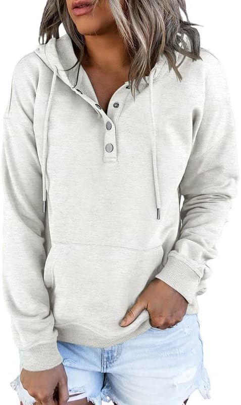 Womens 2025 Hoodies Button Collar Drawstring Hooded Pullover Sweatshirt Casual Long Sleeve Tops Shirts