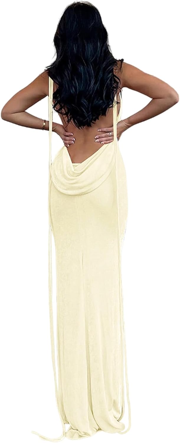 Slip Bodycon Dresses for Women Spaghetti Strap Lace Up Backless Cowl Neck Maxi Mermaid Cocktail Party Dress