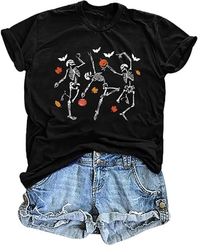 Dancing Skeleton Shirt for Women Happy Halloween T-Shirt Funny Skeleton Graphic Tees Tops Blouse Gift