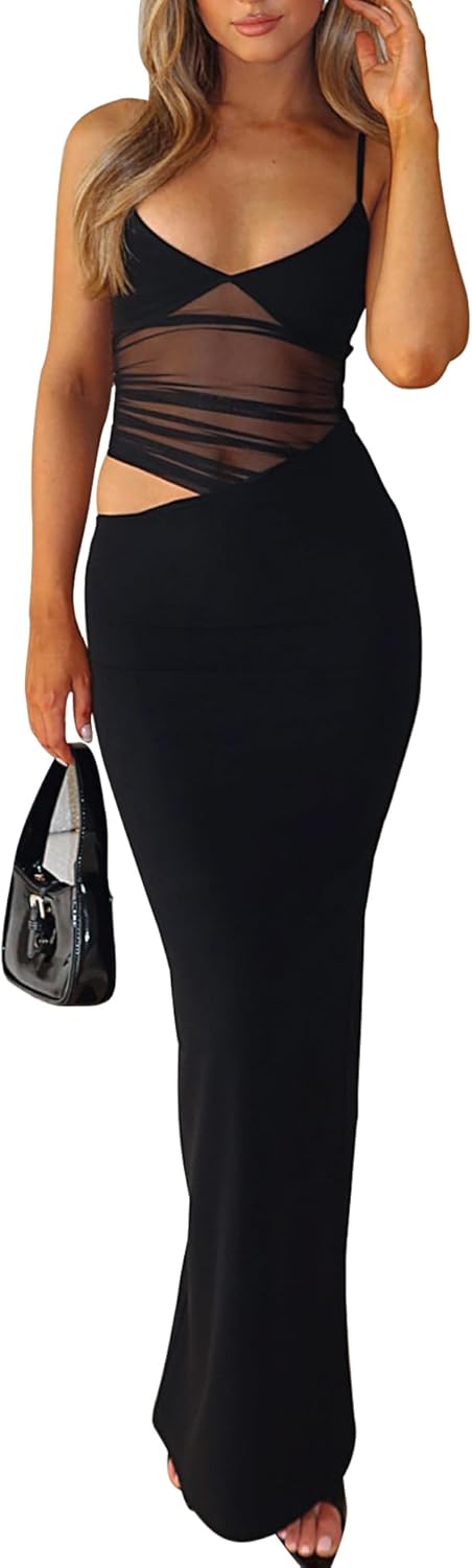 Women's Sexy Bodycon V Neck Spaghetti Strap Maxi Dress Elegant Backless Cocktail Evening Party Long Formal Dresses