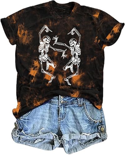 Dancing Skeleton Shirt for Women Happy Halloween T-Shirt Funny Skeleton Graphic Tees Tops Blouse Gift