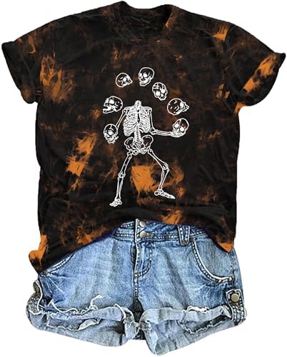 Dancing Skeleton Shirt for Women Happy Halloween T-Shirt Funny Skeleton Graphic Tees Tops Blouse Gift