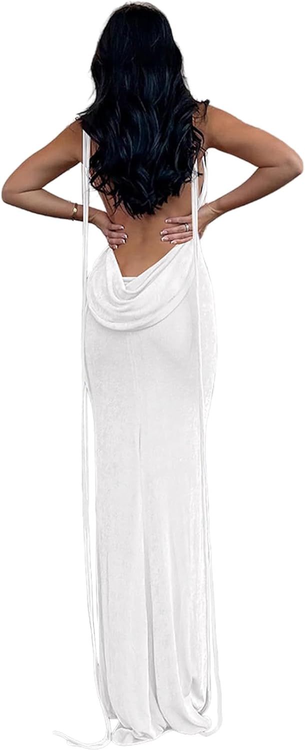 Slip Bodycon Dresses for Women Spaghetti Strap Lace Up Backless Cowl Neck Maxi Mermaid Cocktail Party Dress