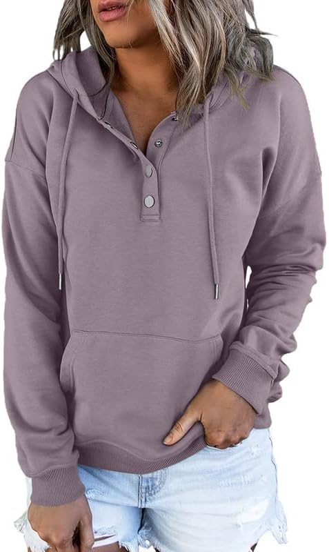 Womens 2025 Hoodies Button Collar Drawstring Hooded Pullover Sweatshirt Casual Long Sleeve Tops Shirts