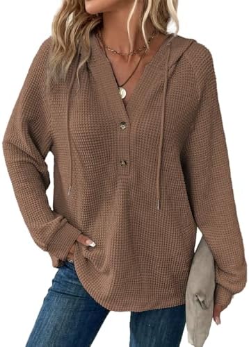 Hoodies for Women Waffle Knit Long Sleeve Drawstring Button V Neck Casual Pullover Sweatshirt Hooded Tops
