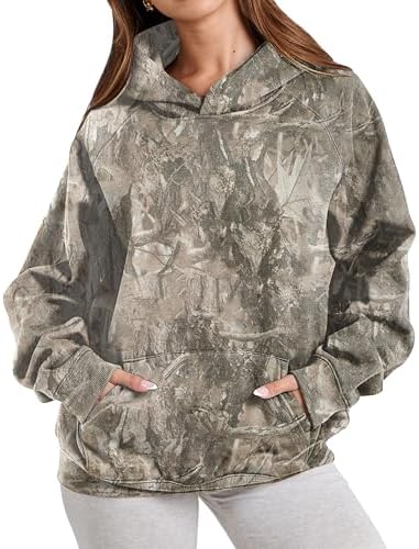 Womens Camo Hoodies Maple Leaf Print Oversized Hooded Sweatshirt Fleece Pullover Sweatshirts Long Sleeve with Pocket