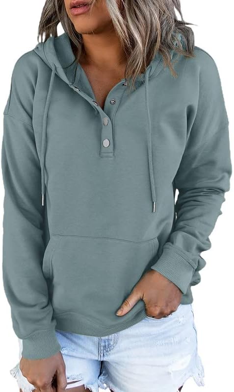 Womens 2025 Hoodies Button Collar Drawstring Hooded Pullover Sweatshirt Casual Long Sleeve Tops Shirts