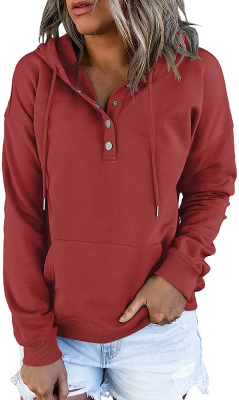 Womens 2025 Hoodies Button Collar Drawstring Hooded Pullover Sweatshirt Casual Long Sleeve Tops Shirts