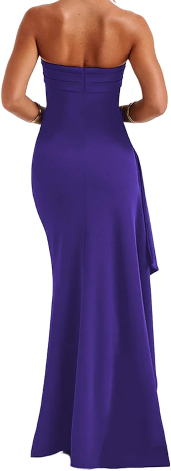 Women's Sexy Strapless Backless High Split Long Maxi Dress Ruched Off Shoulder Sleeveless Bodycon Party Cocktail Dresses