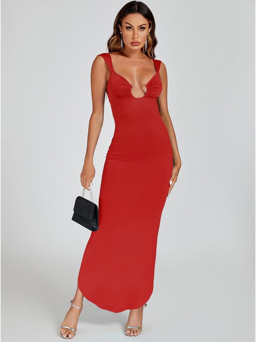 Sexy Backless Dresses for Women Cut Out Bodycon Maxi Dress Open Back Smocked High Slit Party Long Cocktail Dresses