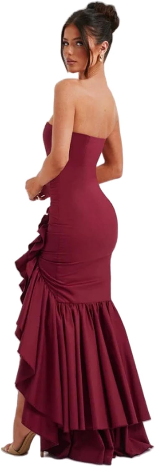 Women's Sexy Strapless Backless High Split Long Maxi Dress Ruched Off Shoulder Sleeveless Bodycon Party Cocktail Dresses